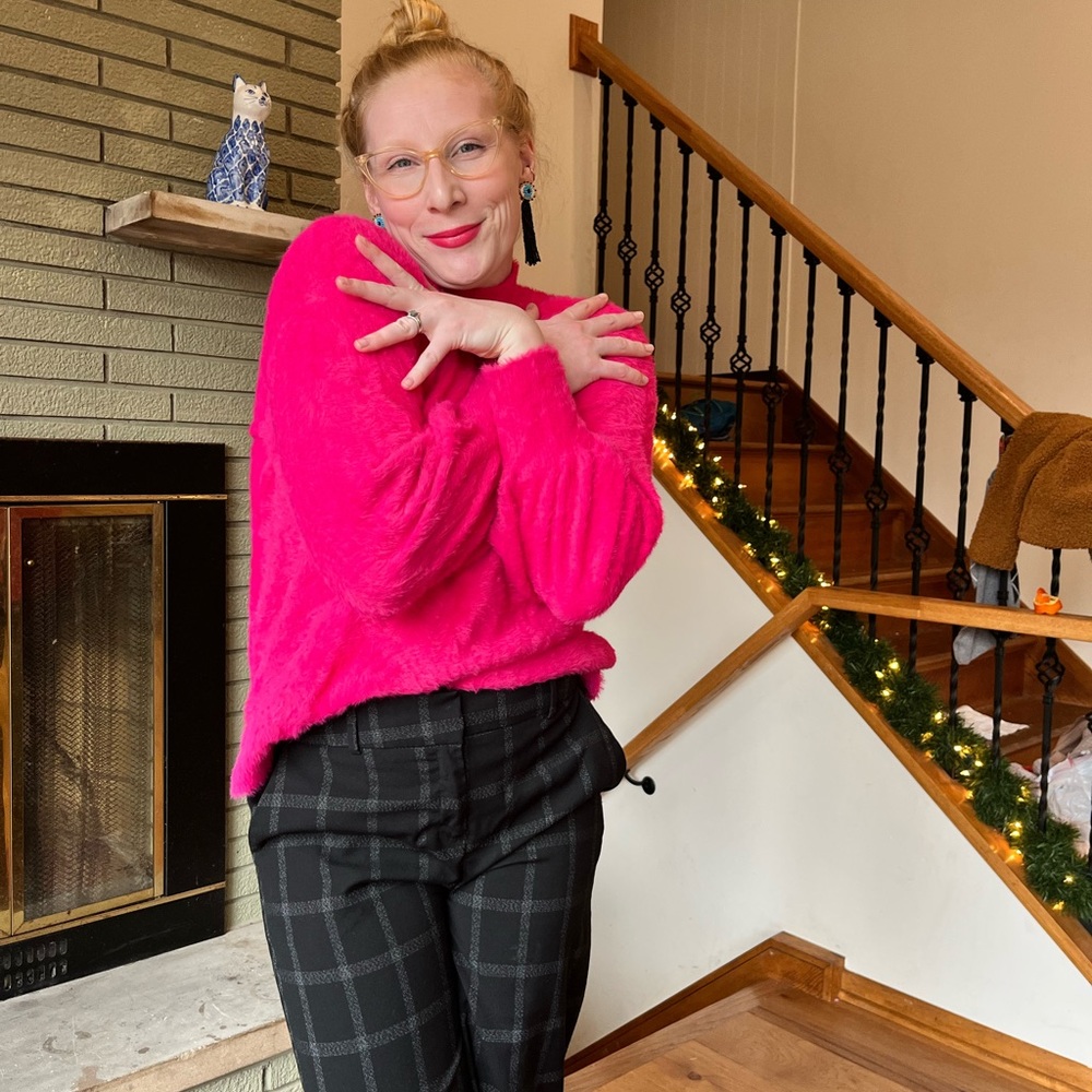 Hot Pink Super Funky Fuzz Sweater With Ballon Sleeves